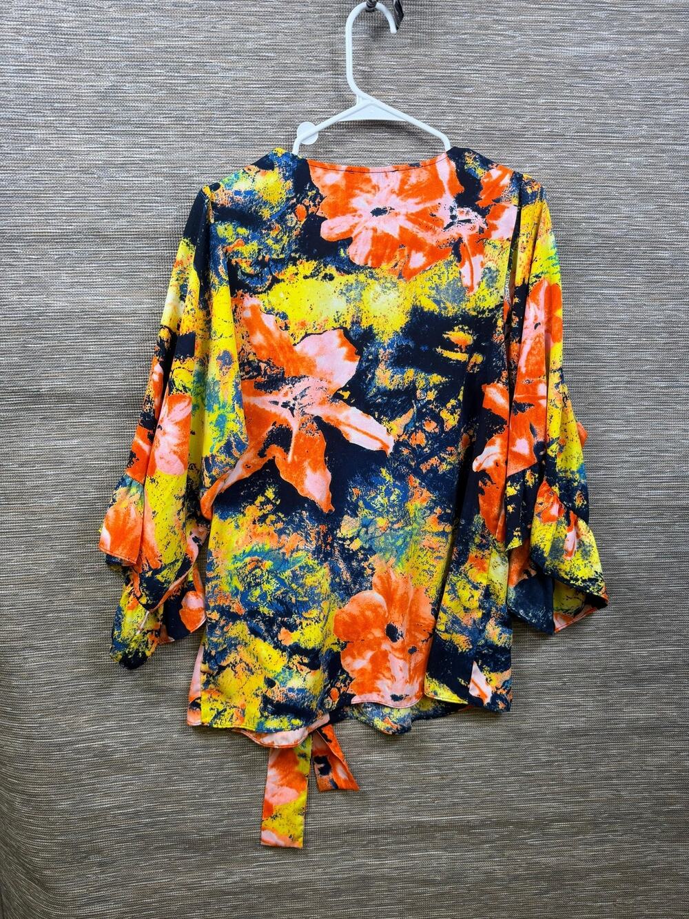 Betsey Johnson Kimono Blouse Womens L Multicolor Floral Tie Waist Ruffle Boho
